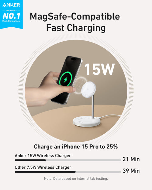Anker MagGo 15W wireless charger stand in white, designed for fast charging smartphones and compatible devices.