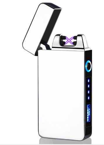 Stevvex electric plasma lighter with metal body, windproof double arc design, USB rechargeable, and battery indicator.