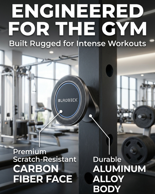 BLAUBECK all-metal magnetic gym phone holder with 360° adjustability, MagSafe compatibility, industrial N54 magnets, and metal ring attachment.