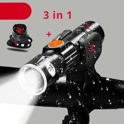 Stevvex 3-in-1 bike light set with USB LED waterproof headlight, multiple modes, easy install, fits all bicycles, 8000 lumens.