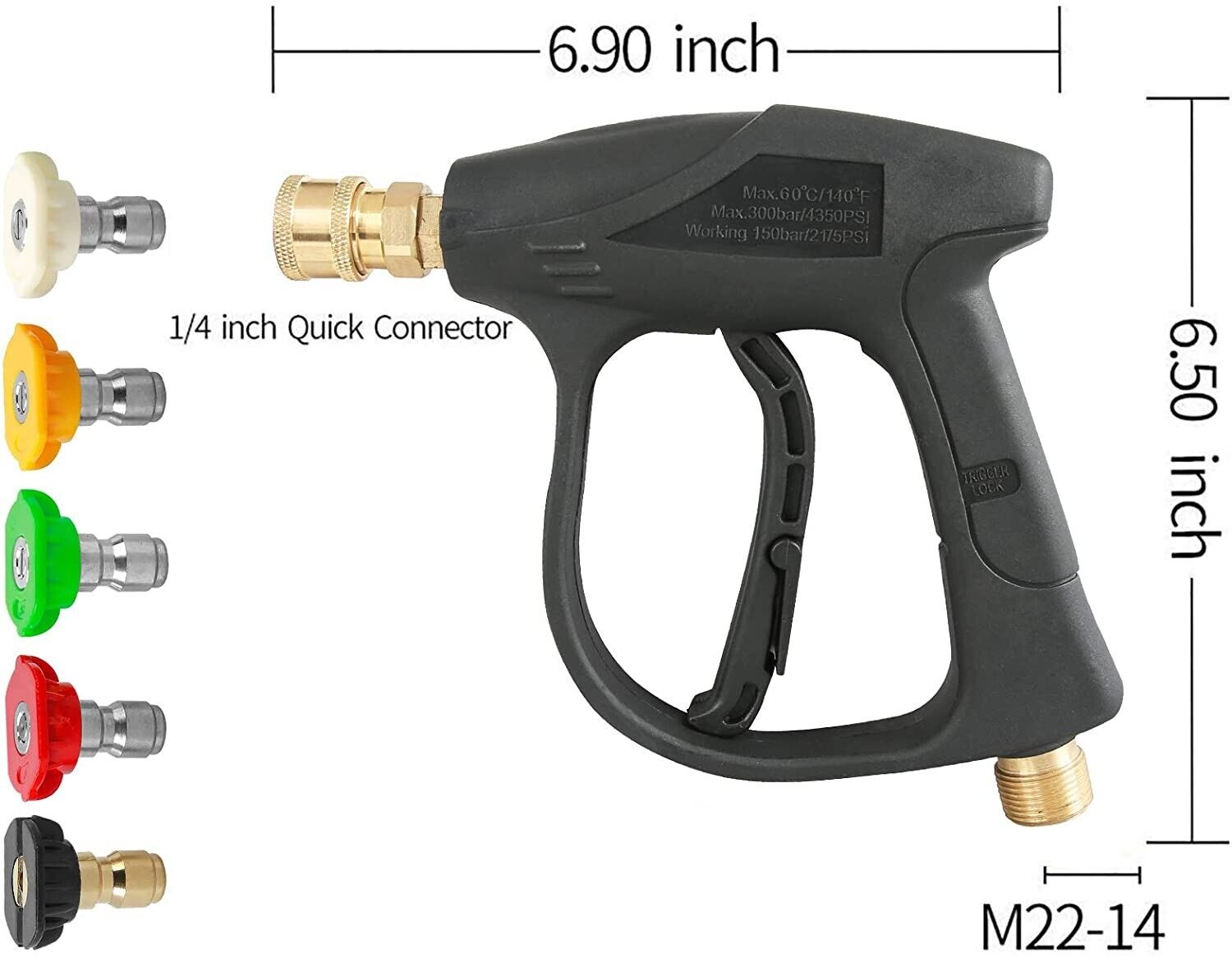 4000 PSI High Pressure Washer Gun — 1/4" Quick Connect, M22-14mm, 5 Nozzle Tips