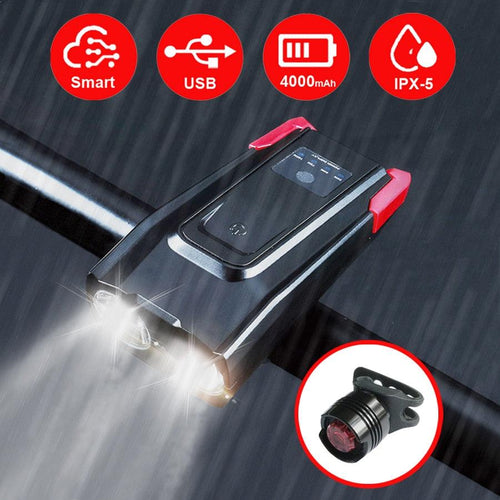 Stevvex 4000mAh LED bicycle front light set with horn, USB rechargeable, 800 lumen super bright headlight and bike light for visibility.