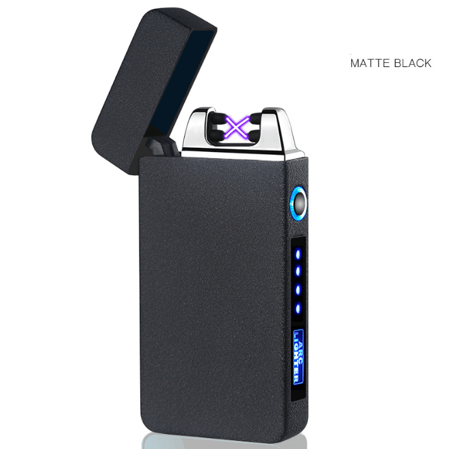 Electric plasma lighter by Stevvex with metal body, windproof design, USB rechargeable, double arc, and battery indicator.