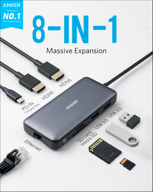 Anker 553 USB-C Hub 8-in-1 with multiple ports for charging and connectivity, shown connected to a laptop.