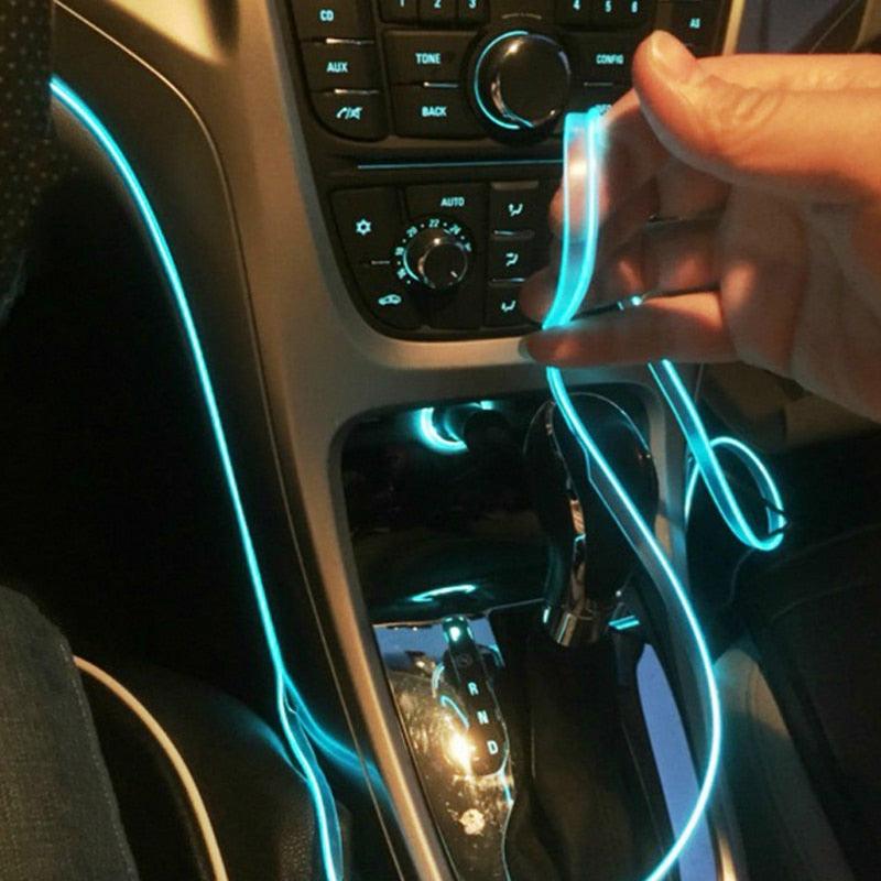 Stevvex 5m LED car interior atmosphere lamp strip with USB, flexible neon light for dashboard, console, and ambient lighting.