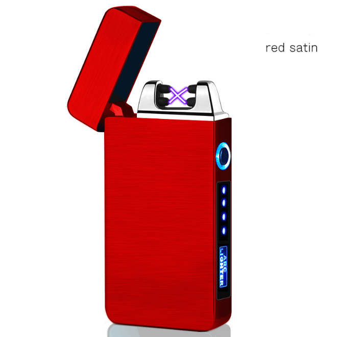Stevvex electric plasma lighter with modern metal design, windproof double arc, USB rechargeable with battery indicator.