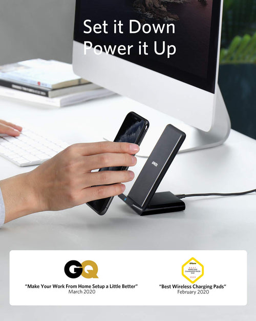 Anker 313 wireless charging stand for smartphones, showing a sleek black stand with a phone placed for charging.