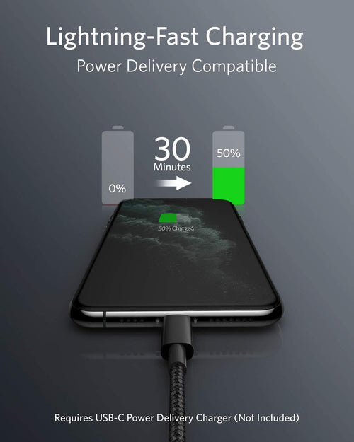 Anker 331 USB-C to Lightning charging cable shown with a white USB-C connector and Lightning connector for Apple devices.