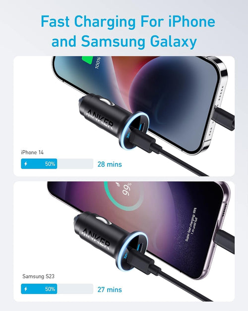 Anker 323 car charger with 52.5W power output connected to a vehicle's power socket, compact and sleek electronic device.