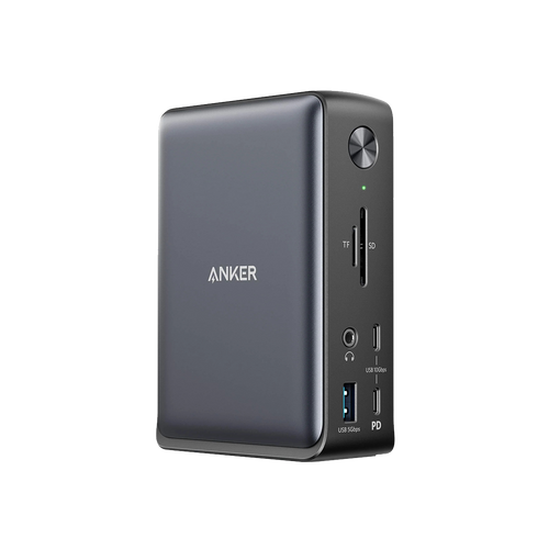 Anker 575 USB-C docking station with charging port, multiple USB and HDMI connections, and sleek black design.