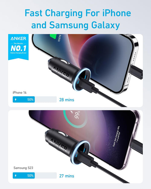 Anker 323 Car Charger with 52.5W power output connected to a vehicle's cigarette lighter socket.