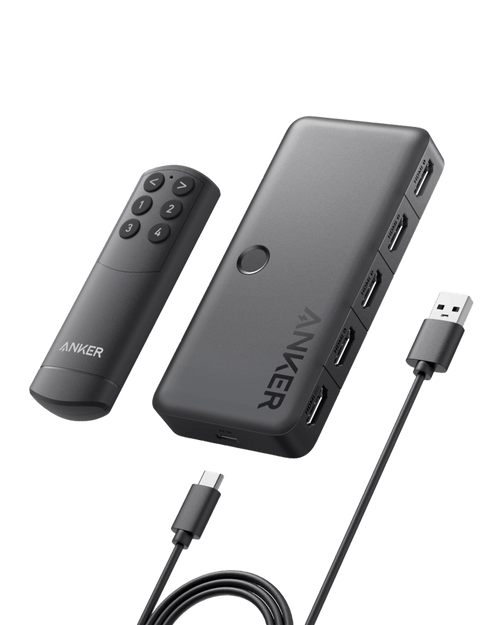 Anker 4-in-1 HDMI switch displaying multiple HDMI ports and a 4K HDMI output for seamless device connectivity.