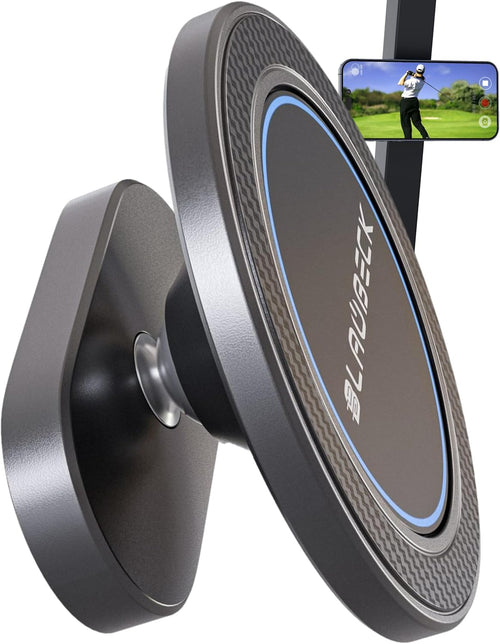 BLAUBECK alloy magnetic golf cart phone holder attached to a golf cart, compatible with MagSafe and Android devices.