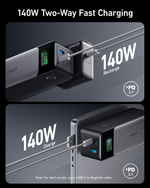 Anker 737 PowerCore 24K portable power bank with charging ports, compact design, and sleek black finish for mobile device charging.
