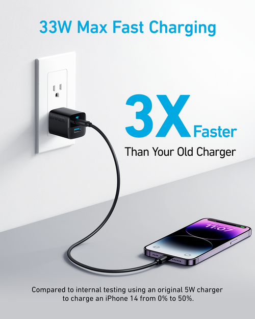 Anker 323 33W charging-only USB-C wall charger with compact black design and single port for fast device charging.
