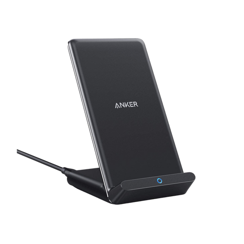 Anker 313 Wireless Charging Stand for smartphones, sleek black design with a vertical stand for easy device charging.