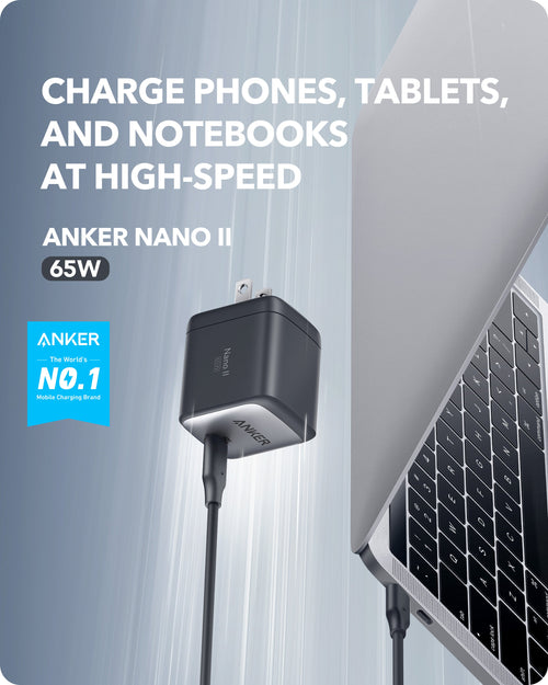 Anker 715 Nano II 65W charger for fast charging devices, compact design with USB-C port, black color, shown on a white background.