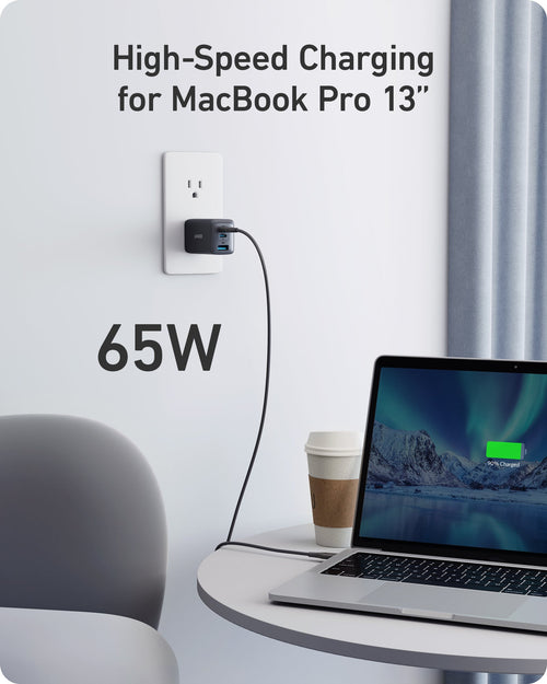 Anker 735 Nano II 65W charging only USB-C wall charger with compact design and foldable prongs.