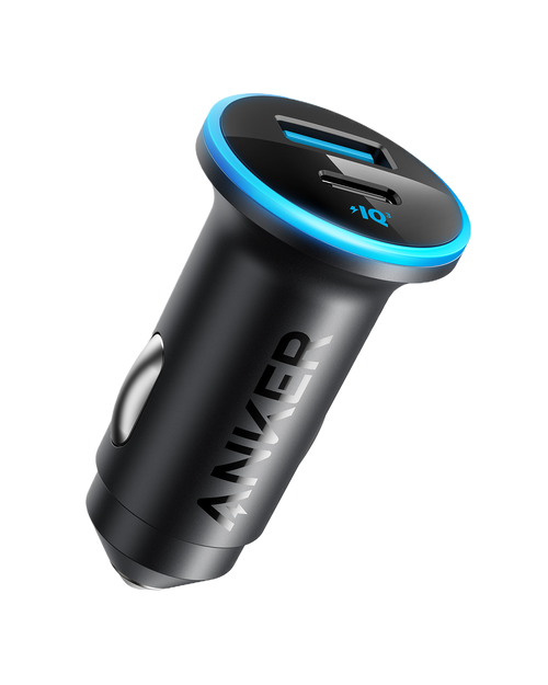 Anker 323 car charger with 52.5W power output, compact electronics device shown plugged into a vehicle's power outlet.