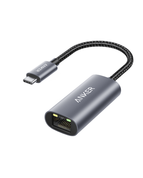 Anker PowerExpand USB-C to Gigabit Ethernet Adapter showing compact black device with Ethernet port and USB-C connector.