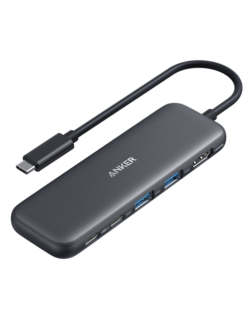 Anker 332 USB-C Hub 5-in-1 showing multiple ports including HDMI, USB-A, and SD card slot on a sleek black device