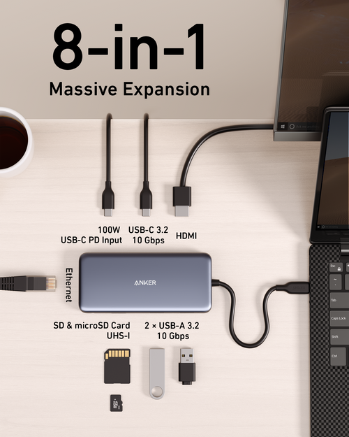 Anker 555 USB-C Hub 8-in-1 with multiple ports for charging and connectivity, shown with connected cables on a white background.