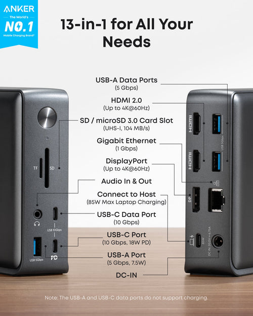 Anker 575 USB-C Docking Station for charging, featuring multiple ports and a sleek design for versatile connectivity.
