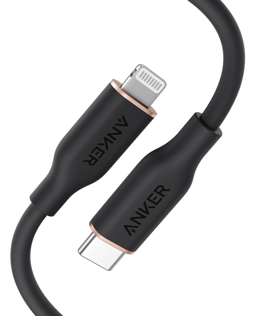 Anker 641 USB-C to Lightning cable with silicone coating for charging, shown with a USB-C and Lightning connectors.