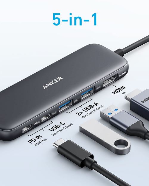 Black Anker 332 USB-C 5-in-1 hub with multiple ports, compact design, and sleek black finish for versatile device connectivity.