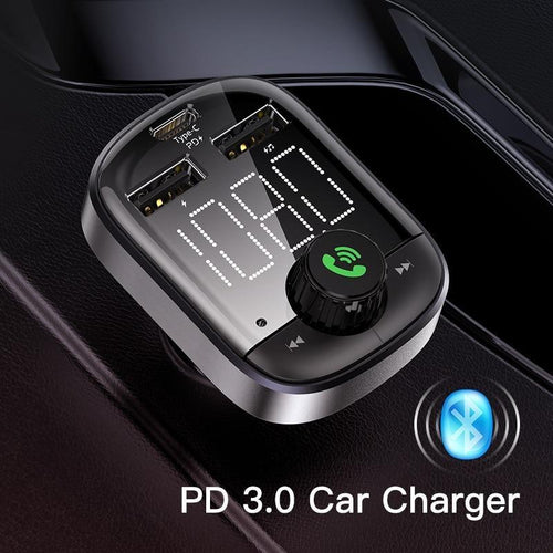 Stevvex 3.0 Car USB Charger with FM transmitter, Bluetooth car kit, LED display, and MP3 player for fast charging and hands-free calls.