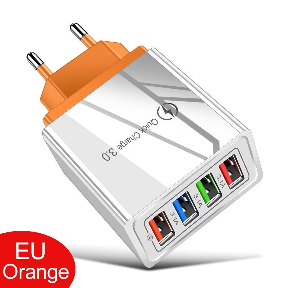 Stevvex EU/US plug USB charger with Quick Charge 3.0 for fast charging phones and tablets, portable wall adapter.