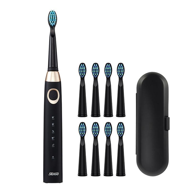 Stevvex Sonic Electric Toothbrush for adults and kids with 8 brush heads, travel case, folding cup, 5 modes, USB rechargeable, ultrasonic cleaning
