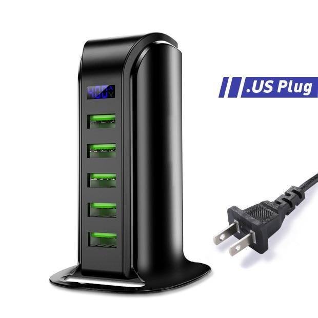 Stevvex 5-port USB charging station with LED display, universal mobile phone dock, EU/UK plug, energy-saving design on desktop