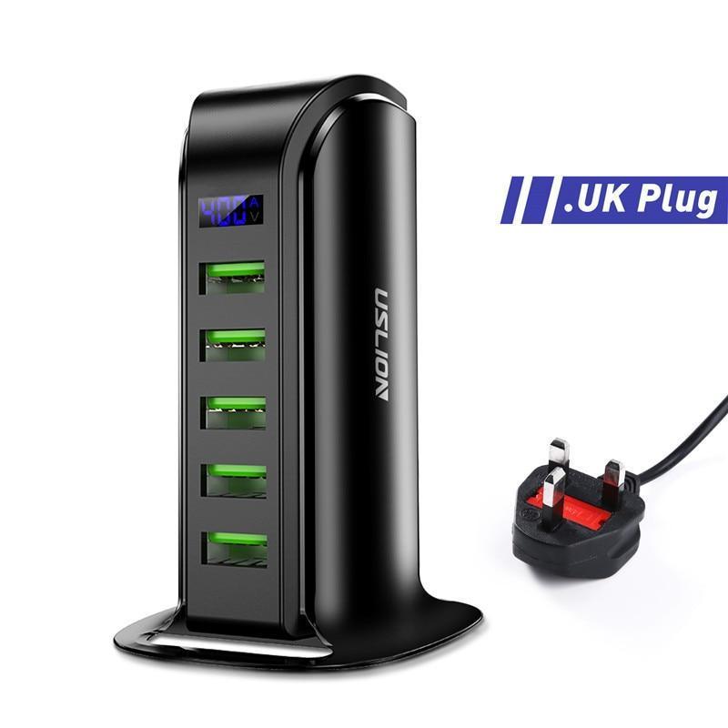 Stevvex 5-port USB charging station with LED display, universal mobile phone dock, EU/UK plug, energy-saving design, desktop use