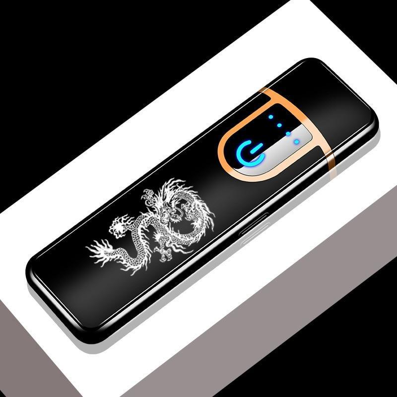 Stevvex luxury modern USB electronic cigarette lighter with dragon engraving, slim design, touch sensor, windproof, colorful finish.
