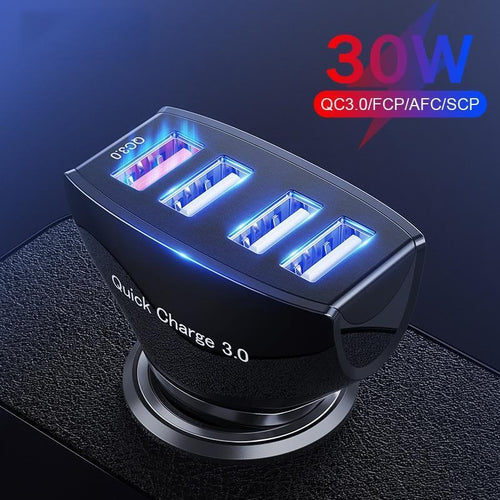 Stevvex 30W car charger with four ports, dual USB, Quick Charge 3.0 for fast smartphone charging, shown plugged into a vehicle's dashboard