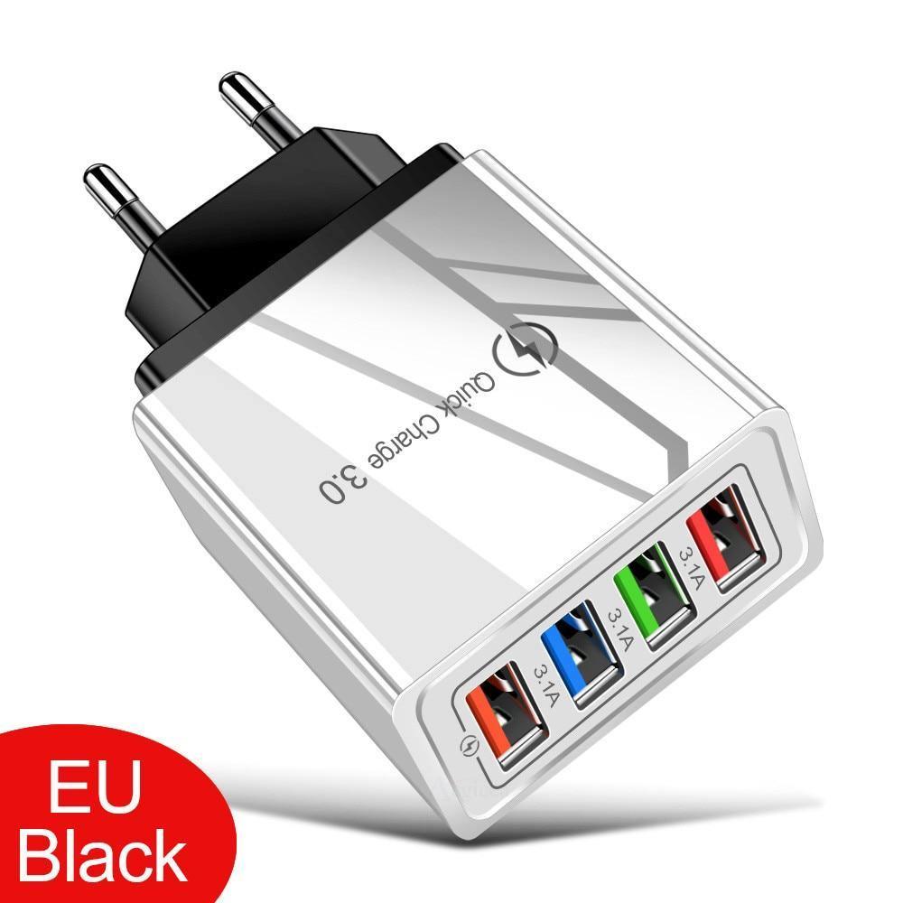 Stevvex USB wall charger with EU/US plug, Quick Charge 3.0 for phones and tablets, portable fast charging adapter.