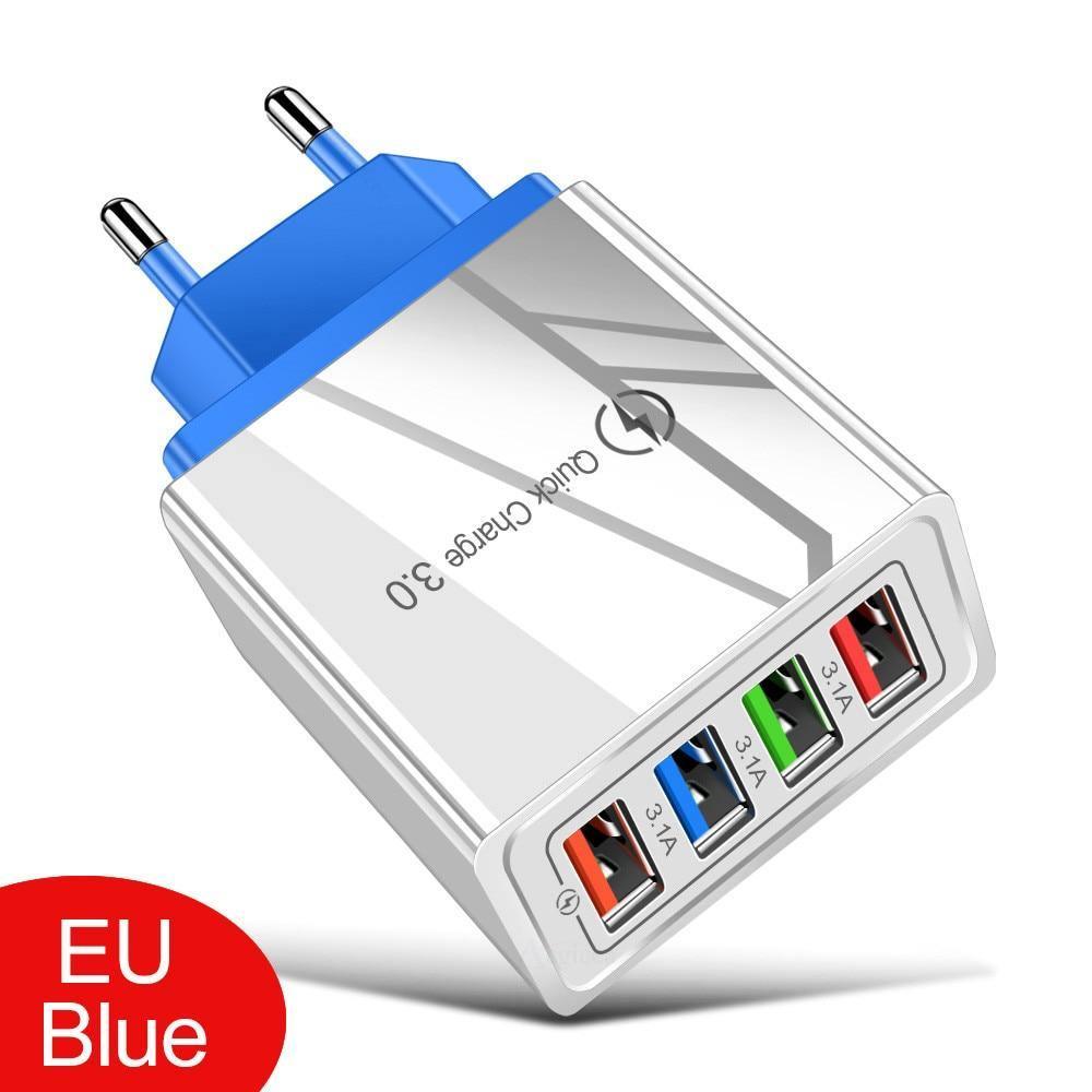 Stevvex EU/US plug USB charger with Quick Charge 3.0 for phones and tablets, portable wall adapter for fast charging.