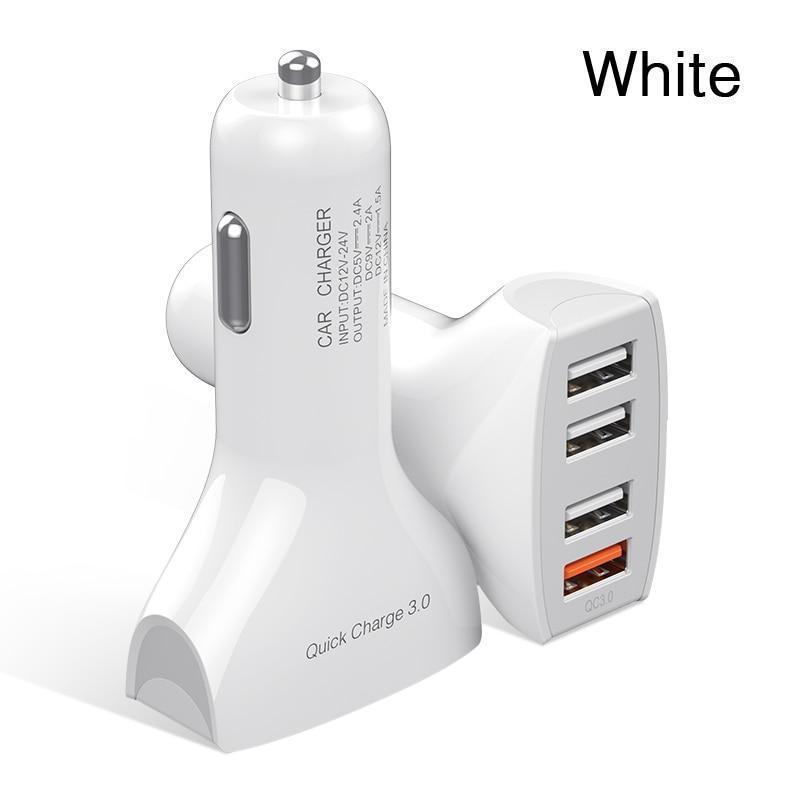 Stevvex 30W car charger with 4 ports, dual USB, Quick Charge 3.0 for fast smartphone charging, shown plugged into a vehicle.