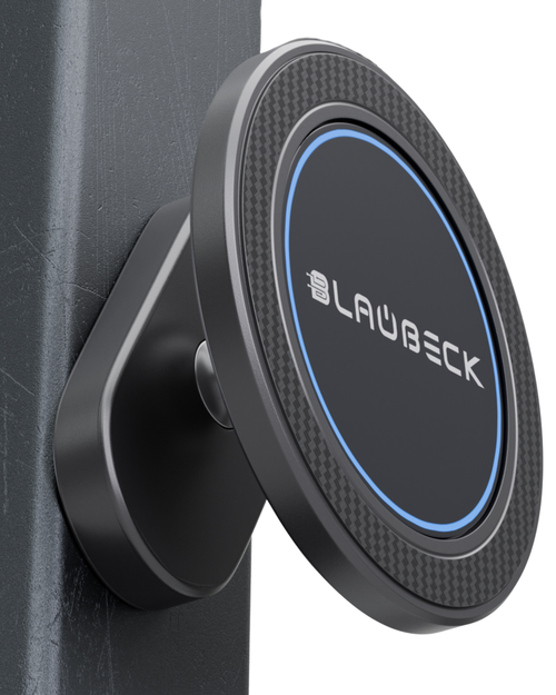 BLAUBECK all-metal magnetic gym phone holder with 360° adjustability, magnetic mount for MagSafe and Android, includes metal ring.