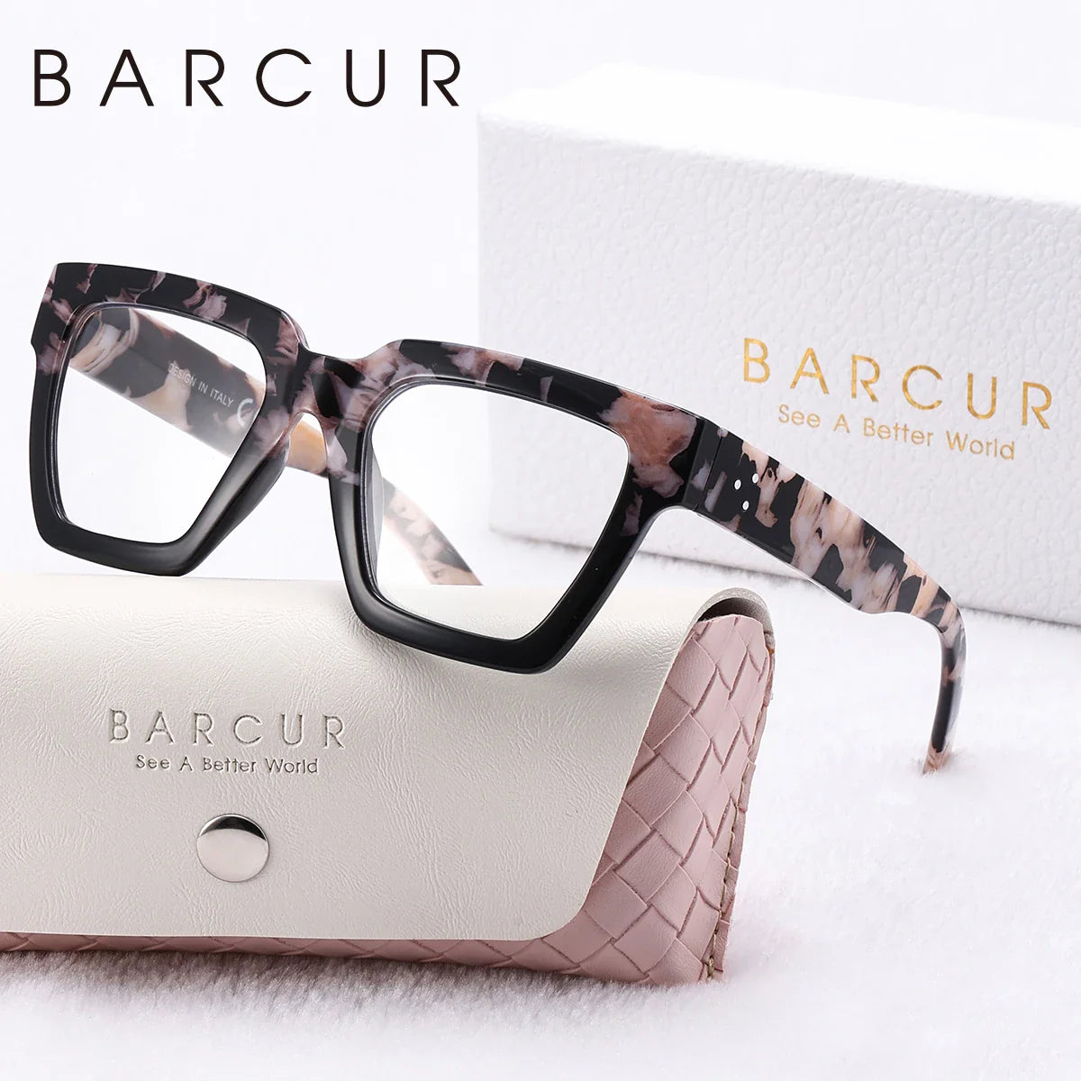 Stevvex pink square reading glasses with thick frame, lightweight design, suitable for women and men, with white gift box.