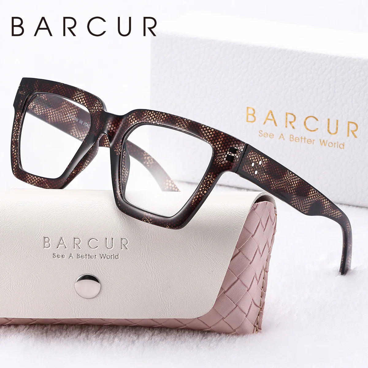 Stevvex pink square reading glasses with thick frame, blue light blocking computer eyewear for women, in white gift box.