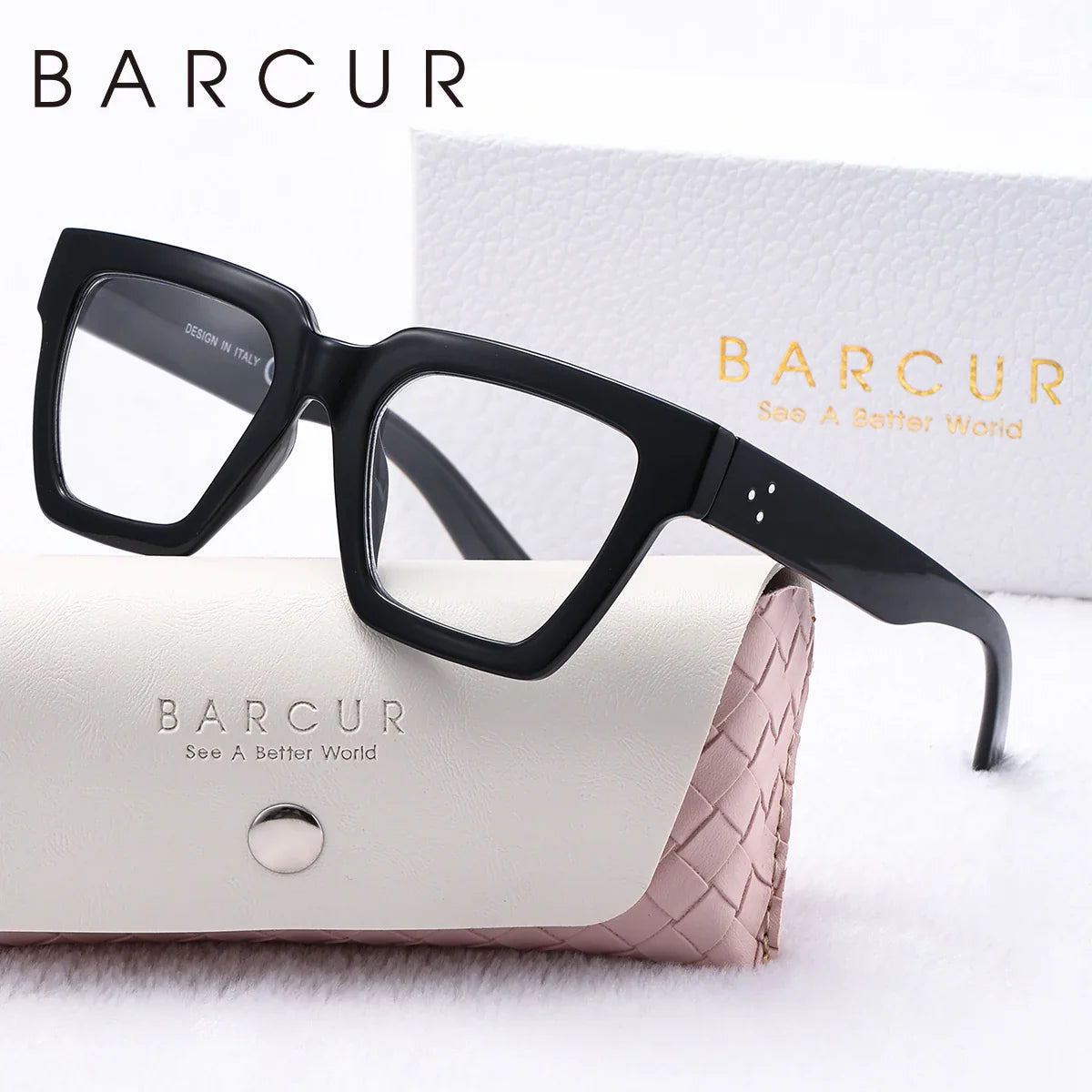 Stevvex pink square reading glasses with thick frame, lightweight blue light blocking computer eyewear, displayed with white gift box.