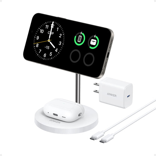 Anker MagGo 15W wireless charger stand in white, designed for fast charging smartphones and compatible devices.