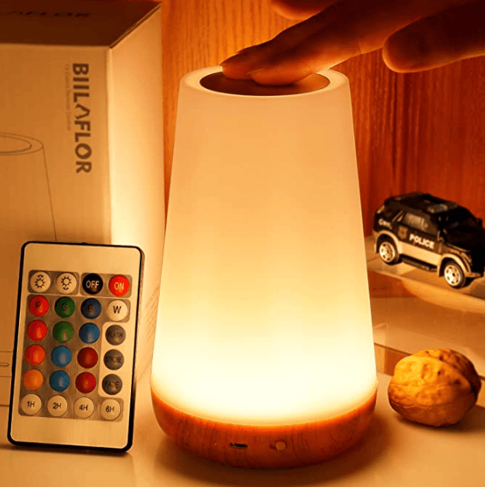 Stevvex Touch Lamp with RGB color options, USB charging port, dimmable warm white light, for bedroom, office, or hallway lighting.