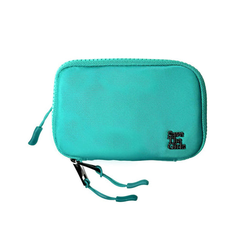 Teal active recycled RFID double pouch by SaveTheGirls with multiple compartments for secure card and cash storage.