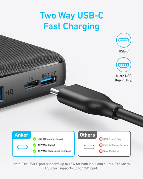Anker PowerCore 10K 313 portable power bank with USB-C input and output in black, designed for charging devices on the go.