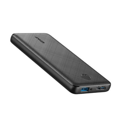 Anker 313 PowerCore 10K black USB-C power bank with input and output ports for portable charging.