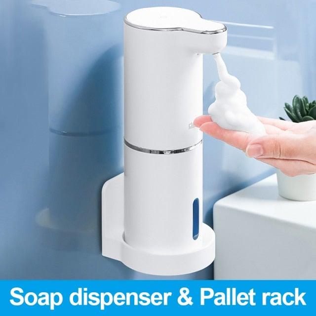 White Stevvex automatic foam soap dispenser with touchless operation, USB charging, adjustable volume, suitable for bathroom and office use.