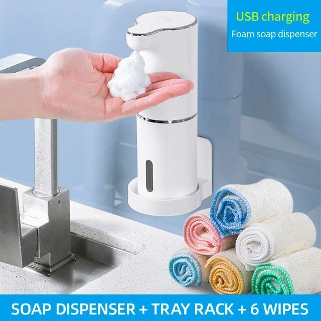 White Stevvex automatic foam soap dispenser with touchless sensor and USB charging for bathroom or office use.